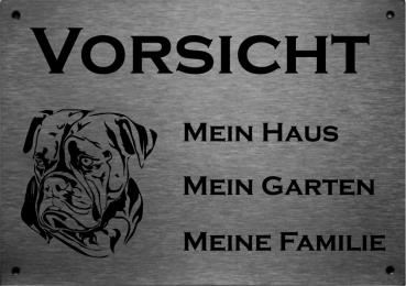 Edelstahl Warnschild Old English Bulldog VORSICHT Mein Haus mein Garten meine Familie